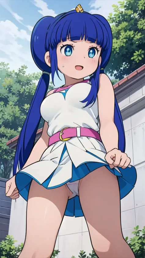   Masterpiece , best quality, 1 girl ,Sophie (Doraemon), blue hair, blue eyes, long hair, twin tails, yellow hair band, tiara ,belt, white bra,(Human foot、 white miniskirt)  score_9,  score_8_up,  score_7_up,  source_Anime,  Official Art, Anime screencap, ...