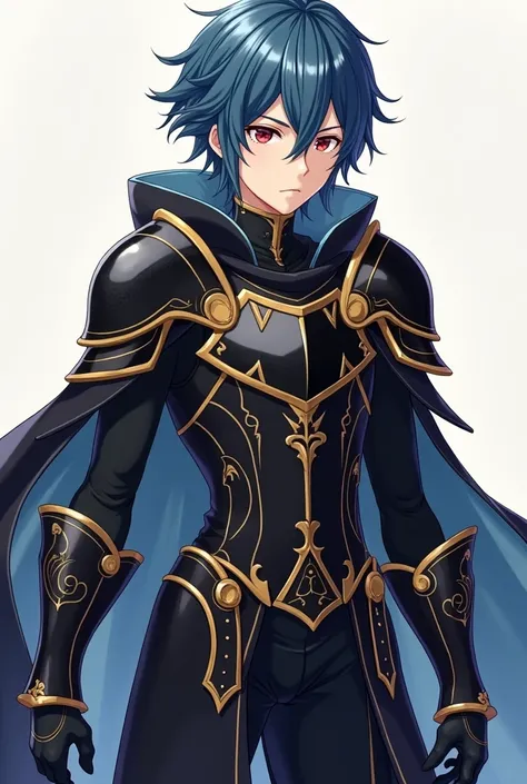 A boy with not very long hair but with a peculiar color, wearing mainly black Gothic-style armor with gold-colored cuffs and boots. 
Anime design 