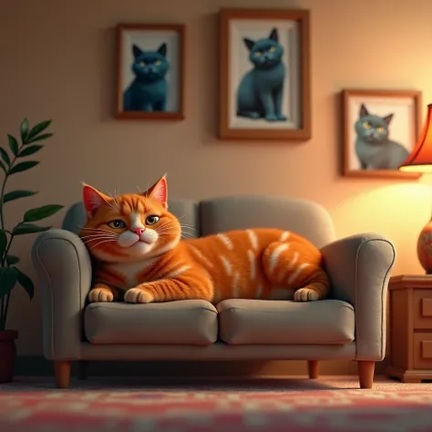 pixar 3D animation image style, vibrant color. A cute dark orange cat, blushing cheeks, with a white striped batik pattern on its fur. is lazing around on a gray sofa, under the sofa there are many photos of handsome and dashing blue cats, the atmosphere o...