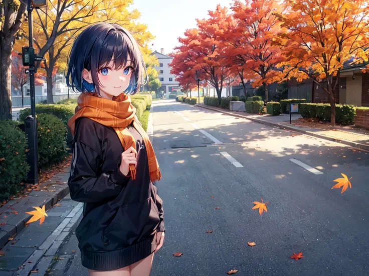 “A teenage girl standing on a quiet street lined with trees whose leaves are just beginning to turn vibrant shades of red, orange, and yellow in the early autumn. She is dressed warmly in a cozy sweater and scarf, gazing thoughtfully at the colorful leaves...