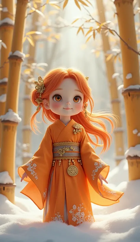  imaginary　snow　golden bamboo 　 white bamboo leaves　Orange Haori　White embroidery　 wearing gold ornaments　 cute　１５About a young girl　 long hair　 orange hair　
