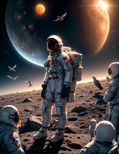 an astronaut on the moon watches in surprise as a flock of birds passes by him, in the distance, a view of planet Earth and the sun covered by the planet, ((8k resolution, masterpiece, best quality)), ultra detailed, ultra sharp, perfect colors