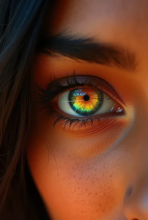 A close-up of an Indian woman’s eye glowing with cosmic hues of amber, turquoise, and rose gold, with no visible eyelashes, giving it a minimalist yet ethereal look. The iris shines with swirling patterns, reflecting vibrant, colorful lights like a galaxy ...