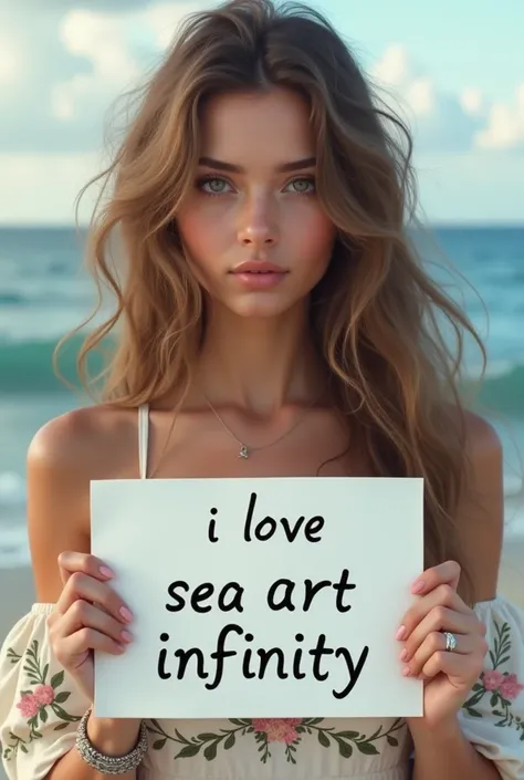  Beautiful girl with long wavy hair, bohemian dress,  holding a white board with the text " I Love Seaart Infinity "  and showing it to the spectator