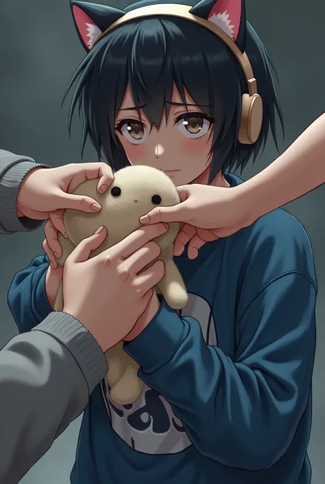 Boy with short straight black hair struggling with a person who can only see his hands and a little of his forearm trying to remove an anime plush that the boy has the boy with an expression of annoyance because he wants to recover his stuffed animal is dr...