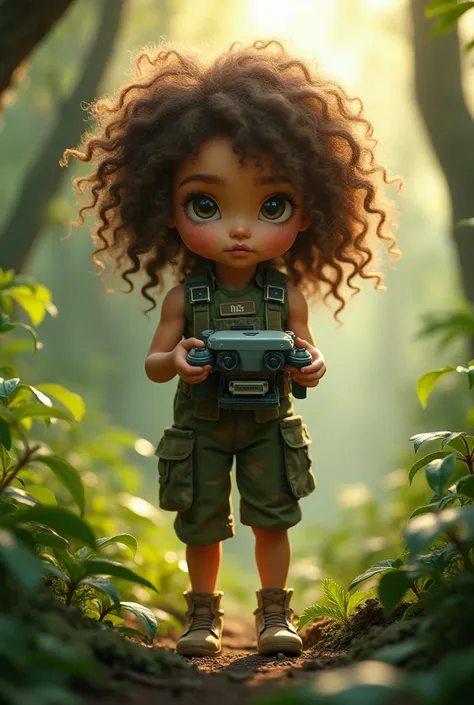 Beautiful curly-haired brunette pixie, in a forest,  wearing green army clothing , holding a drone control 