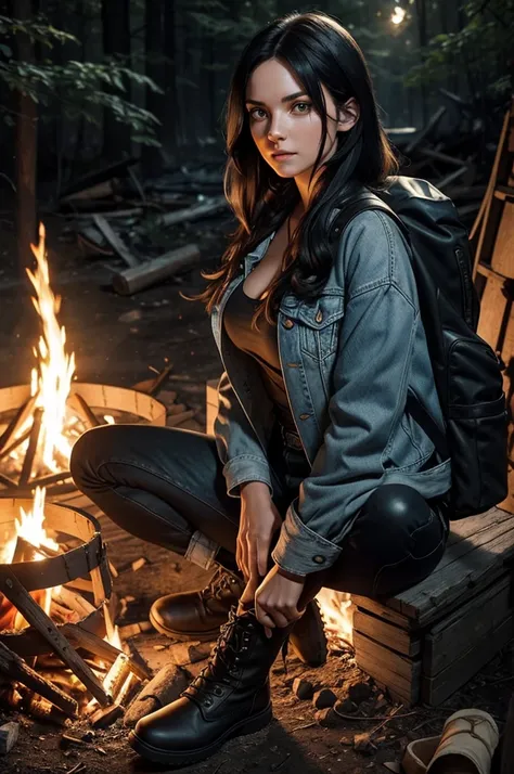 Only one character in the image. Beautiful Caucasian woman. Fit body. Round, firm breasts. Long black hair with a white streak. Green eyes. Survivalist woman wearing camper clothes, which are jeans, black leather boots, a denim jacket and a backpack on her...