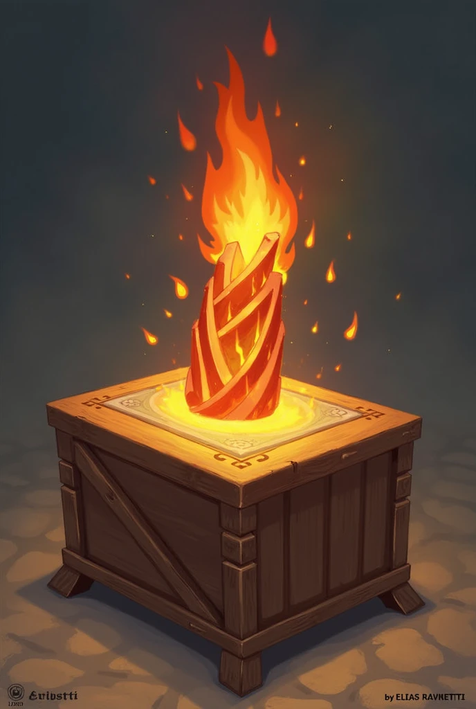 A card with a fire totem attached to a table,  concept art by Elias Ravanetti  , Featured on artstation,  fantasy art, epic  Fantasy card game art ,  Fantasy card game art ,  Epic Fantasy Card Game Art , Collectible Card Game,  fantasy game art 