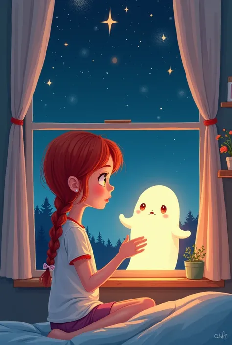 Create a cartoon image of a red-haired teenage girl in a braid looking at the stars through the bedroom window holding a ghost