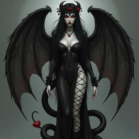  A vampire goddess with gray skin ,  she has red eyes ,  long black hair ,  snake scales on her legs and arms ,  bat wings with needles at the ends , very sexy and erotic ,  long tail with a heart at the tip ,  she wears a black suit well attached to her b...