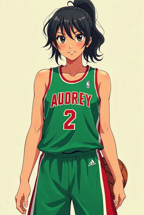 Typographie nom "audrey "en roge sur le maillot de basket vert dun personnage mangas 