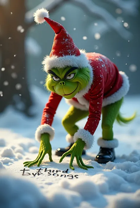 Image of the grinch in a Santa suit leaning over a pile of snow writing the words The Byrdsongs in the snow 