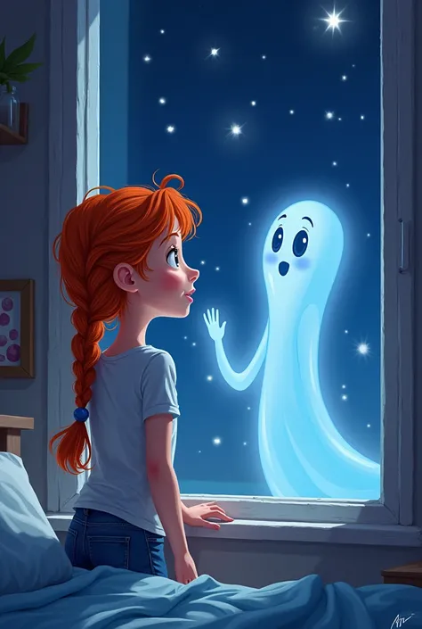 Create a cartoon image of a red-haired teenage girl in a braid looking at the stars through the bedroom window with her hand outstretched holding a ghost