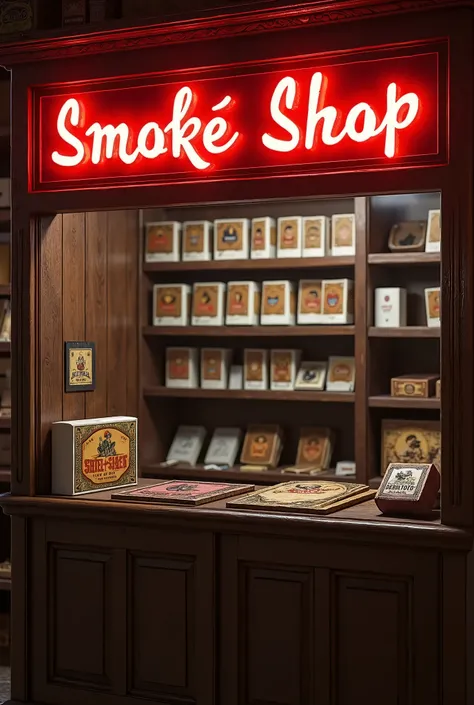 banner de uma tabacaria Smoke Shop,  and we sell cigars at  $6,00 dollars ,  cigarettes are sold at  $6, 50 dollars and matches are sold at  $7, 50 dollars which is located at Valentines with the theme of Red Dead Redemption 2 in Portuguese 