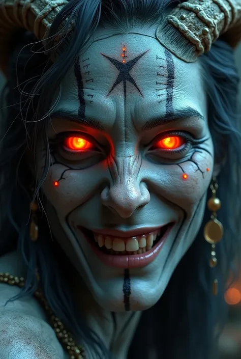 Create a close-up of a demonic figure with a sinister and mystical appearance. The characters skin is textured with a rough, grayish-blue tone, covered in glowing red and black runes, mystical symbols, and ancient inscriptions etched deeply across the face...