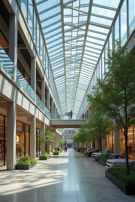  a mall with a steel structure cut , and glazed enclosure ,  at some points closed by the roof and open on other sides ,  that is somewhat sustainable and that inside there are several levels where spatial relationships are generated