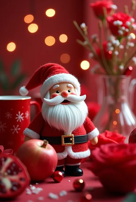  Generate a short video that has been written welcome December,  that include a lot of red color in its content maybe roses , fruits, A Santa Claus and about inserting glass cups