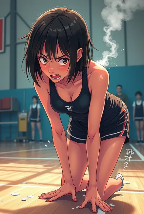 basketball girl manga short hair, gym background, gym concept, sport skirt, she is sporting, GYM, sweating profusely, exhausted, breathing, open mouth, steam coming out of her mouth, tight gym shorts, tight gym tank top, bending over, hands on knees, dripp...