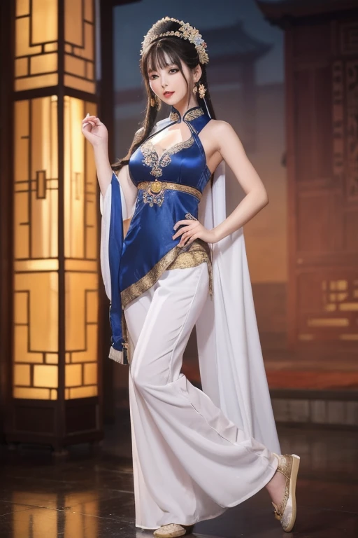 The woman is wearing an ancient dance costume, including a dark blue full-length halter top blouse, and white chiffon trousers on the bottom. She is an oriental beauty with a very Chinese style. The costume is very Song Dynasty style. She has her back to t...