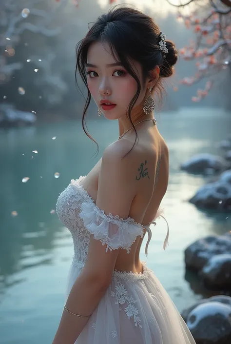 A realism asian girl, in a river side, wearing a off shoulder high transparent wedding frock, beautiful white wedding frock, perfect feets, perfect foots, black lace lingerie, demi strapless bra, gstring panty, earrings, necklace, bracelets, navel earrings...