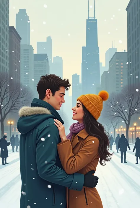 Illustration Deux meilleurs amis qui tombent amoureux à Chicago en hiver.