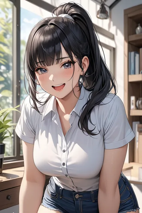 20 years old,1 girl, extremely thick thighs, hyperrealistic, 8k, (extremely detailed 8k), (very delicate and beautiful), (masterpiece), (better quality:1.0), (ultra high resolution:1.0), (masterpiece, best quality), cute,black hair,laugh with open mouth,gl...