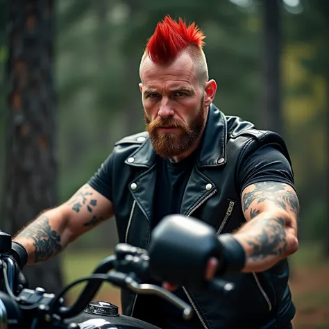  33 Year Old Canadian White Male With A Beard And His red mohawk Hair And Leader of A Biker Street Gang Name Lucas Stone With His Motorcycle And His Biker Short Sleeve Jacket And His MMA Fighting Gloves And His Fighting Skills is Street Fight And Mixed Mar...