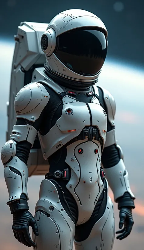 Create a high-detail visual depicting a future space traveler. The astronaut is dressed in a modern hybrid spacesuit, which is complex, combining elements of technology and aesthetics. Its surface has a metallic texture, integrated lights and various attac...