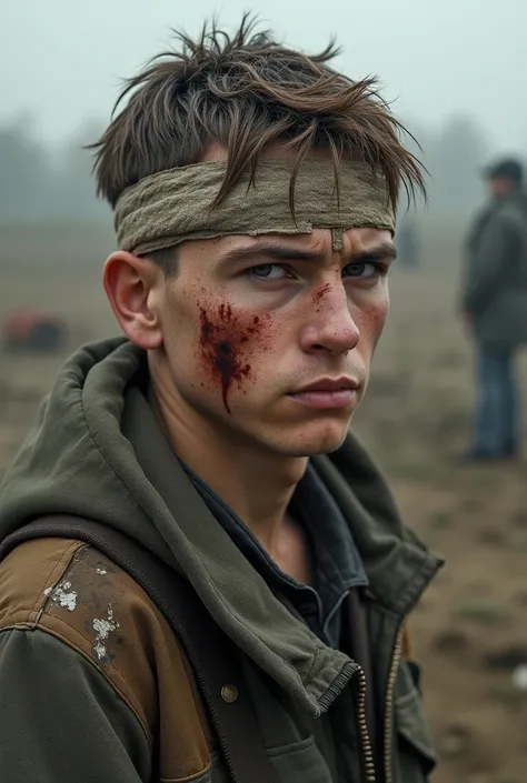 A young guy in dirty and torn in casual Soviet clothes from the 80s.Dirty and bloody bandages on hands and head .