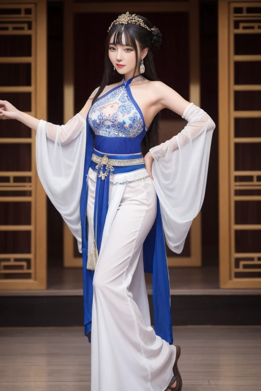 The woman is wearing an ancient dance costume, including a dark blue full-length halter top blouse, and white chiffon trousers on the bottom. She is an oriental beauty with a very Chinese style. The costume is very Song Dynasty style. She has her back to t...