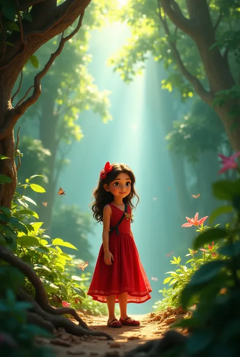 Sofia, A girl in a red dress after opening a book is transported to a lush jungle,  with huge trees and many unknown sounds .  His heart beat fast ,  mixed with emotion and a little fear .