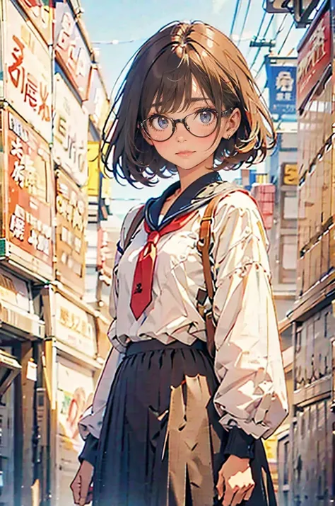 （（40 years old））woman、 、Plain background 、 brown hair、Glasses、  Long Skirt  、40 years old顔のズームアップ、 nasolabial fold 、Small eyes：１．２、run:1.2
