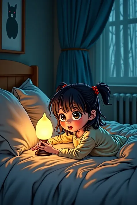 A cute cartoon character of an  girl wearing a pajamas lying on her bed in her dark room holding a lamp and hiding under the cover scared