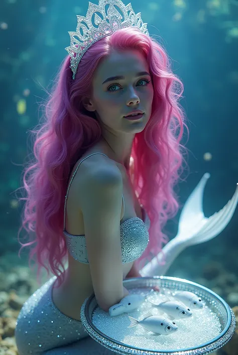  Create a magenta-haired mermaid , wear a Swarovski crown ,  the tail is sharp in white . Swarovski-studded .  A bright plate full of small white fish. 