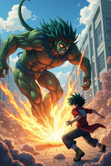 Ocarun from the anime Dandadan fighting short Izuku Midoriya from the anime Boku no Hero Academia at the UA 