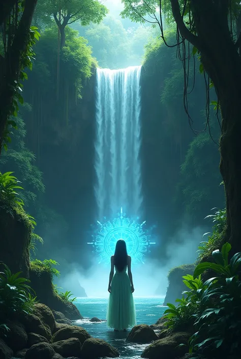  Generate an image in the jungle that has a waterfall behind it, Let it be magical and say this from the phrase Bonne Nuit Mau