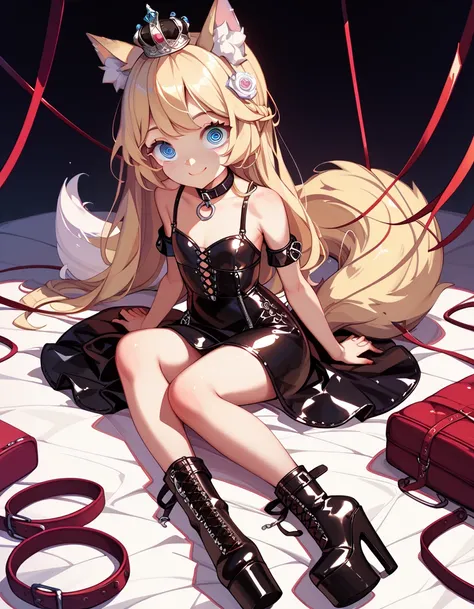  high image quality、 High Quality 、 petite girl、 big eyes、Droopy eyes、smile、Pure、crown、Wolf ears、Wolf Tail、Blonde、Platform boots、princess、 leather bondage dress