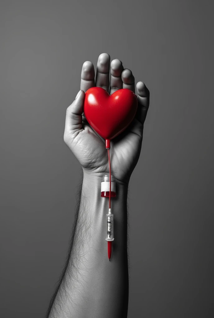  A black and white image of an arm donating blood and with a heart in its hand, the heart is the only one that doesnt go in black and white  