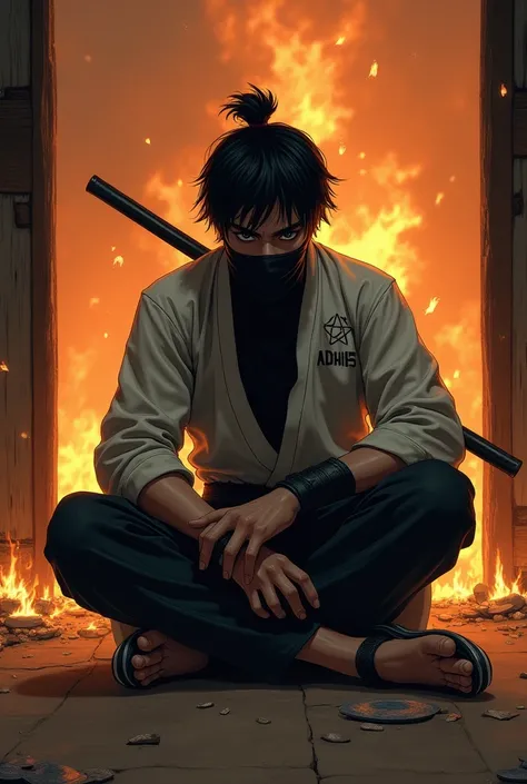 man, young, japanese, ninja, shuriken, sitting, burning house background, mouth mask, adhies name on clothes, ninja pants, ninja sandal