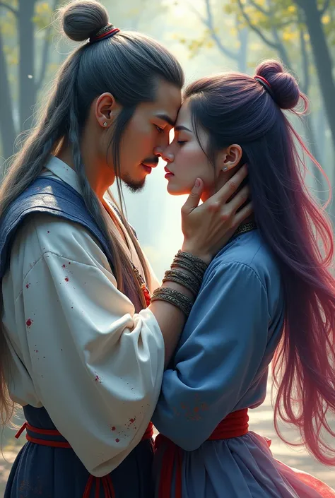 showing the face of a handsome Korean guy facing the side, a little dirty with long gray hair, 1 small braid tucked in the ear, wearing a white and blue warriors outfit, a little dirty from red splashes, in the middle of hugging while kissing the lips of a...