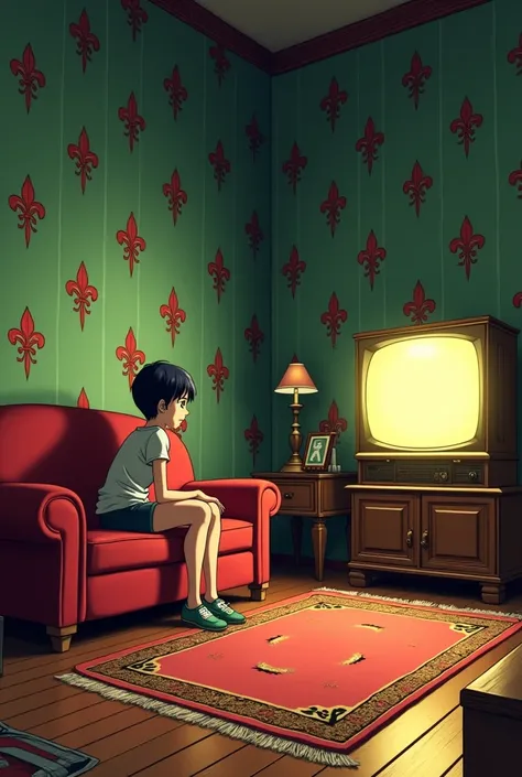 I want an old living room the wallpaper is green with red Fleur de Lis patterns underneath it is made of wood just like the floor has a very strange carpet and a sofa on the left side the sofa is vintage and in the color red there is an old television faci...