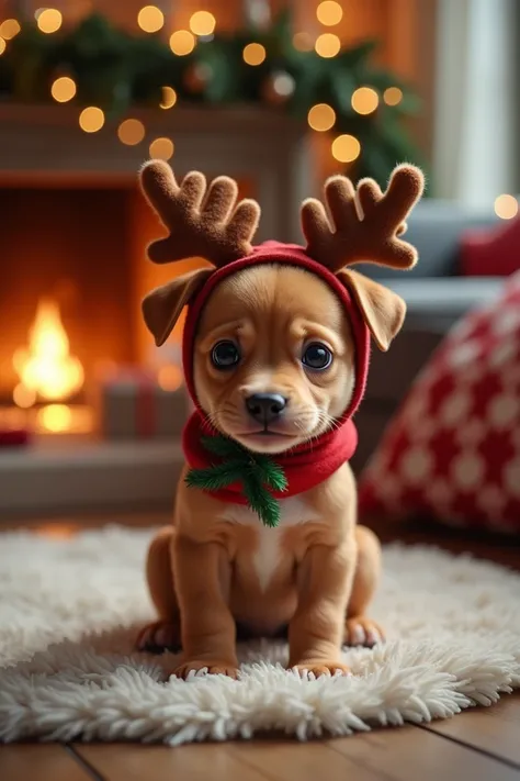 A small cinnamon pit bull puppy wearing a Christmas reindeer costume in an aestic room with Christmas decorations 