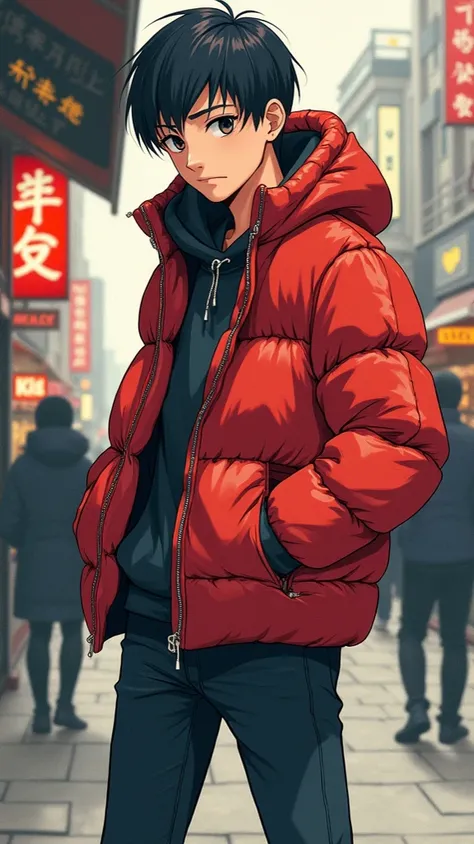  Japanese man、20 years old、Aggressive type、naughty 、 short hair under the eaves of the store、 short, trimmed hair 、Short length、standing collar のダウンジャケット、tightなダウンジャケット、tight、 athletes、 shiny down jacket、Full body illustration、 manly、Cool and sporty 、 down...