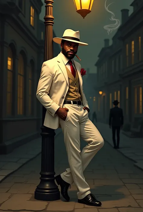 The image depicts an elegant and confident Afro-descendant rascal,  wearing an impeccable white suit ,  with a tie and red handkerchief in his pocket ,  in addition to a white Panama hat .  He is casually leaning against a lamp post ,  smoking a cigar that...