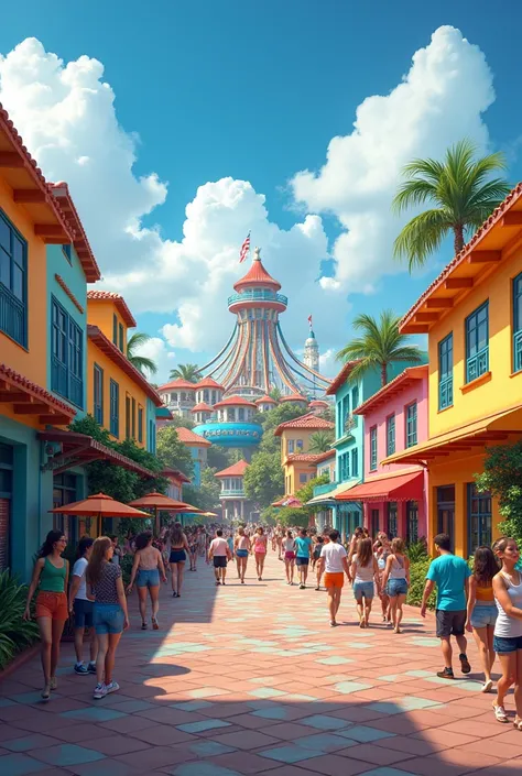 It seems Im still unable to generate the image. However, you can use the description 

- **Location**: Southern Puerto Rico, similar to Mayagüez, with a lively, vibrant town center.
- **Key Features**: An amusement park with modern, colorful, and -friendly...