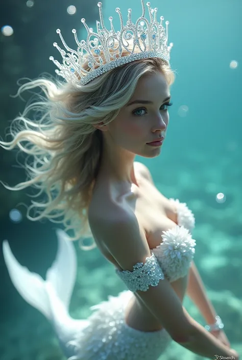 Create a Swarovski-haired mermaid,  wears a white crown ,  the tail is sharp in white . 