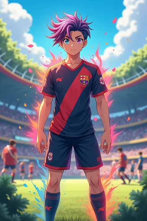 anime boy, teen, mature, soccer uniform, Animate the aura ,  multicolored hair,  multicolored eyes , soccer camp, fullbody