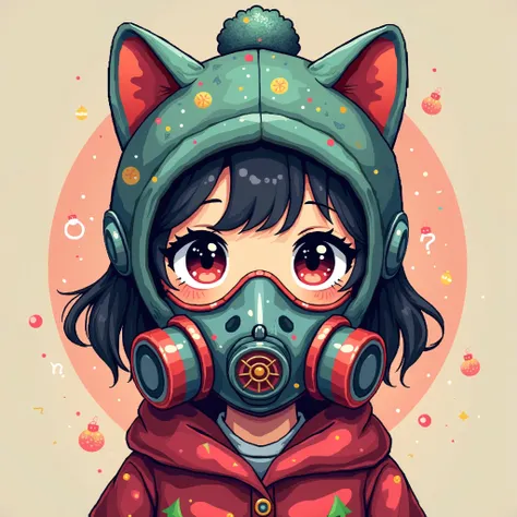 a girl with an amazing hat gas mask cute con colores lindos, diseño de gato, tematica de navidad, pixel art, no backbround