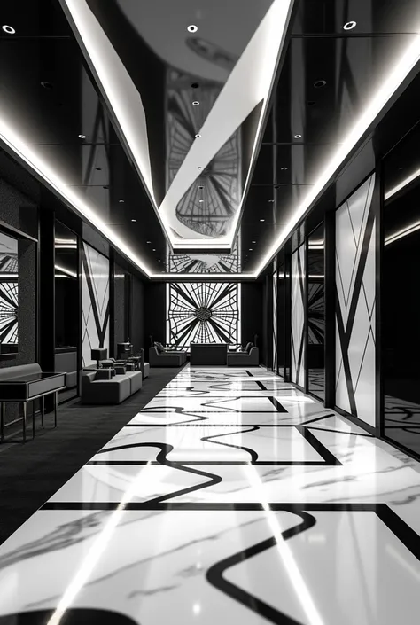 Show me the interior of a very large party room with only white and black patterns