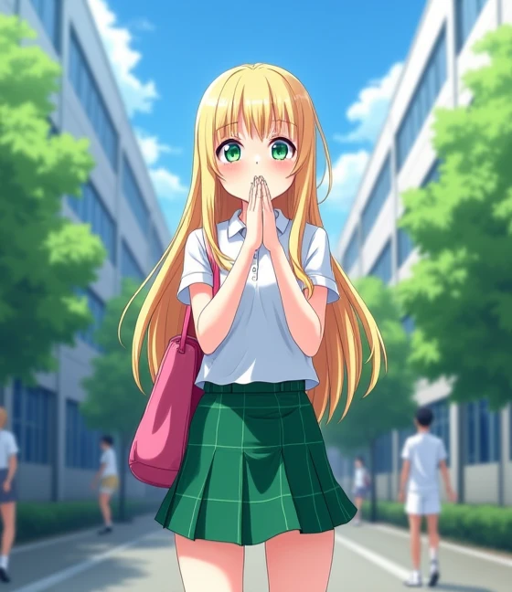  A 15-year-old anime girl , anime To love ru,  soft lighting ,  She is standing outside the entrance of a huge 4-story white school with blue tinted windows in the city of Tokyo,  with many students around her wearing the same uniform , During the morning ...